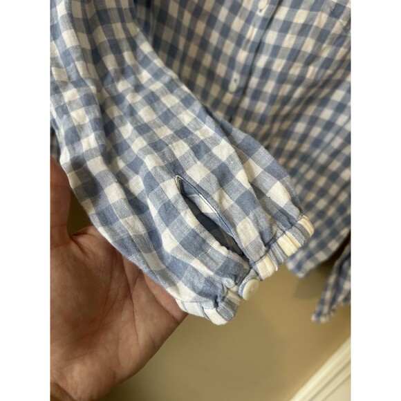 Talbots Top Women L Drawstring Blue Linen Gingham Plaid Long Sleeve Capsule VTG - Picture 8 of 12